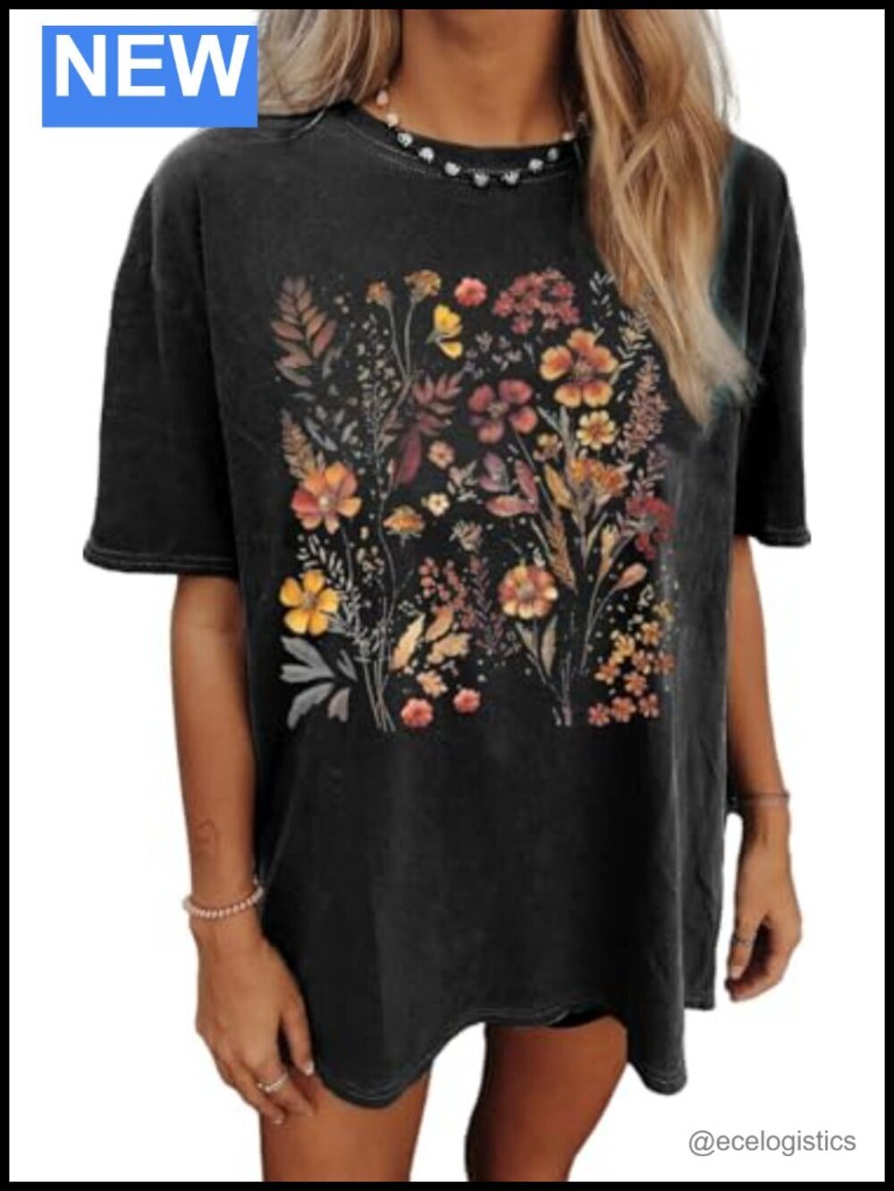 Oversized Flower Graphic Tee Short Sleeve Cotton Blend T-Shirt